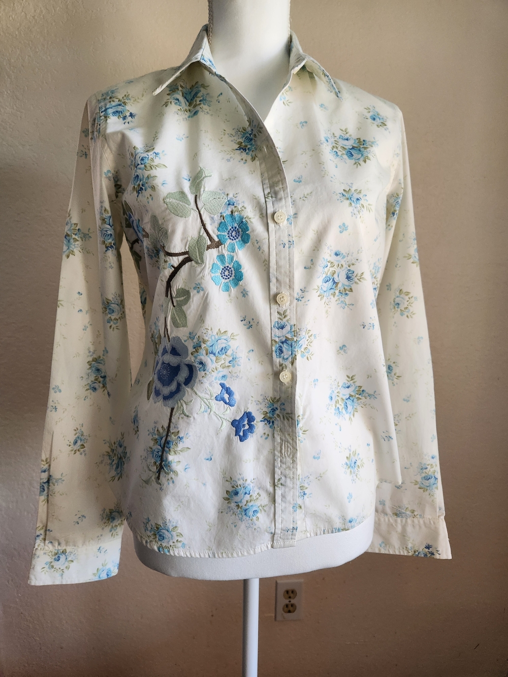 Cream Button-Down Shirt with Blue Floral Embroidery